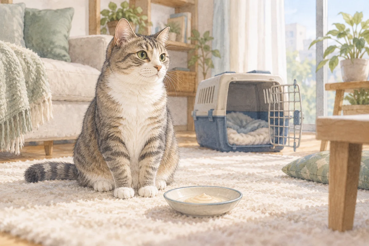 開いたキャリーとクリーム状のおやつの器を前に座る猫のAI生成イラスト