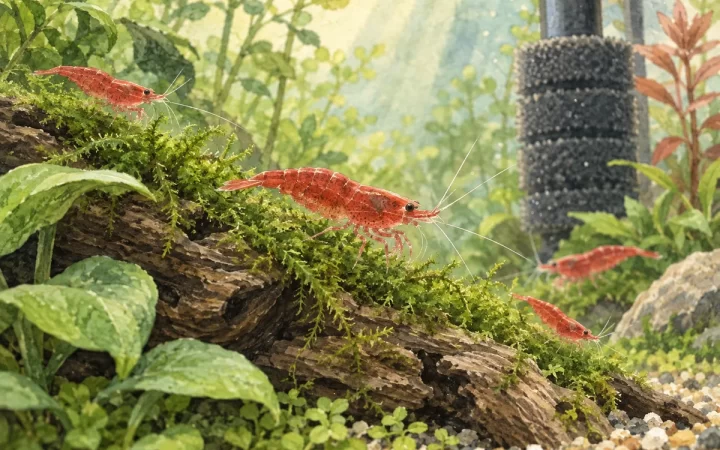 チェリーシュリンプを買う前に｜水槽の安定・混泳・餌を確認を表すイメージイラスト