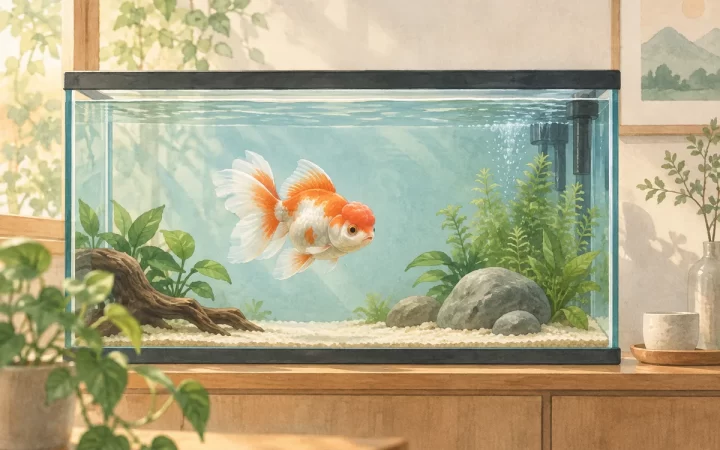 初めての金魚選び｜成魚サイズで考える水槽と餌の準備を表すイメージイラスト