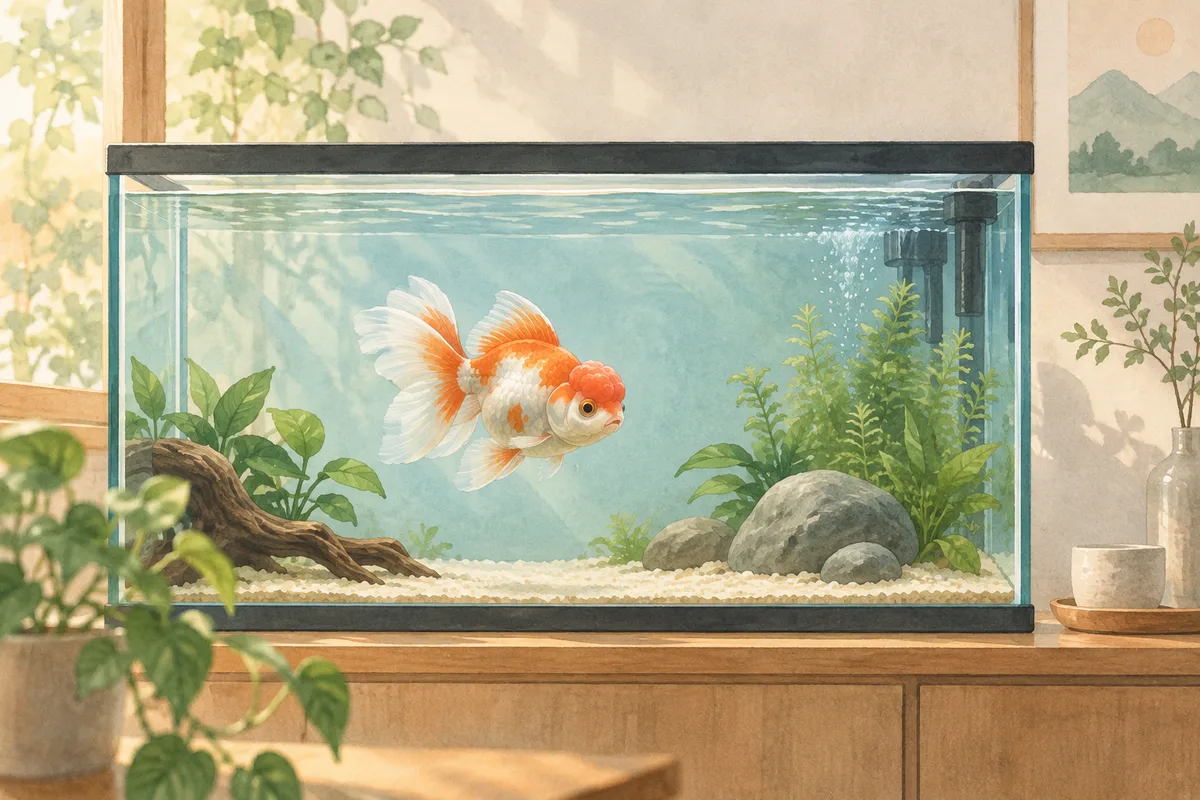 初めての金魚選び｜成魚サイズで考える水槽と餌の準備を表すイメージイラスト
