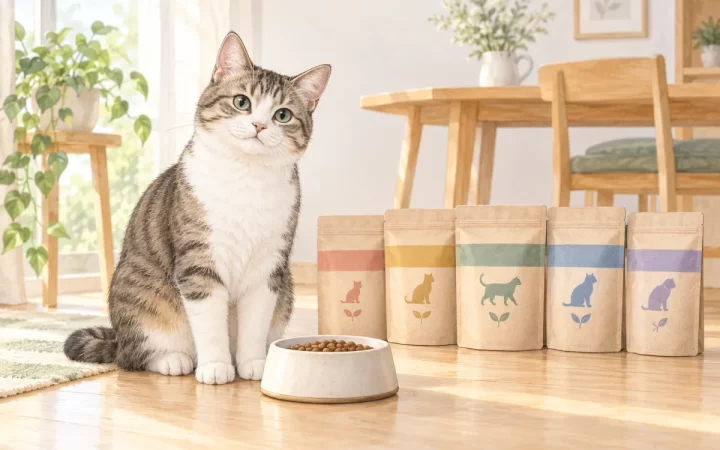 猫と5種類の無地フード袋を描いたAI生成の比較用イラスト