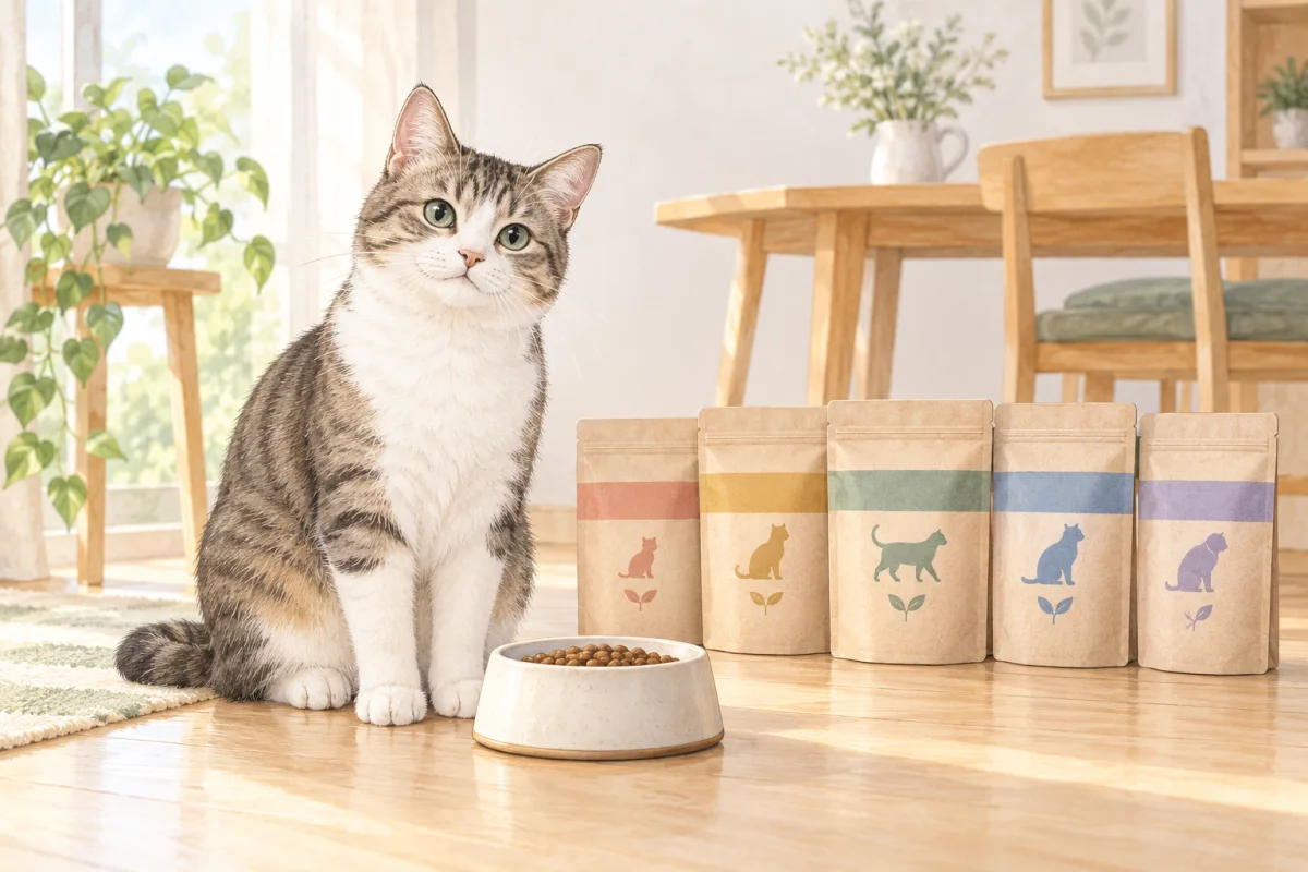 猫と5種類の無地フード袋を描いたAI生成の比較用イラスト