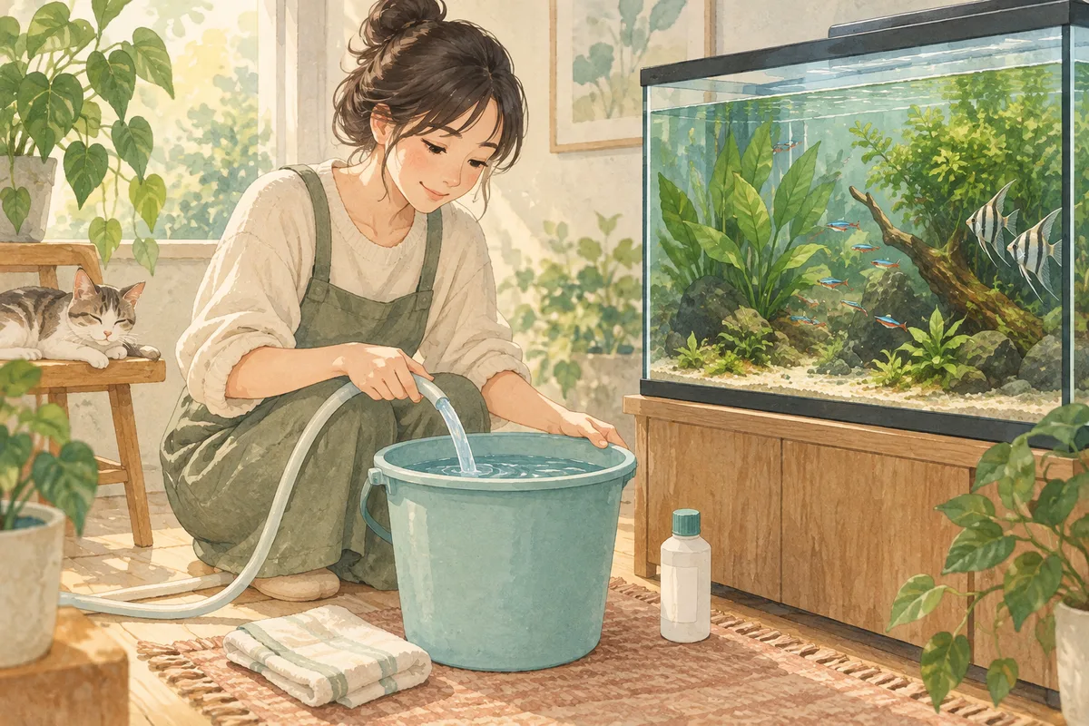 初めてのカルキ抜き選び|アクアプラス250mLの購入前確認を表すイメージイラスト