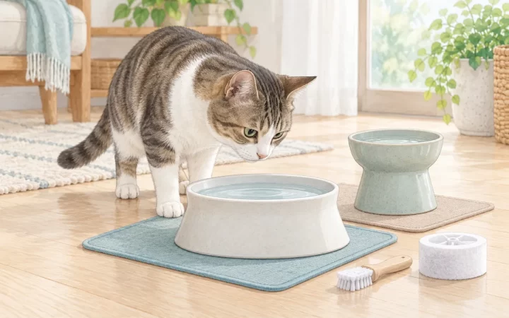 高さの異なる2つの水皿を比べる猫のAI生成イラスト