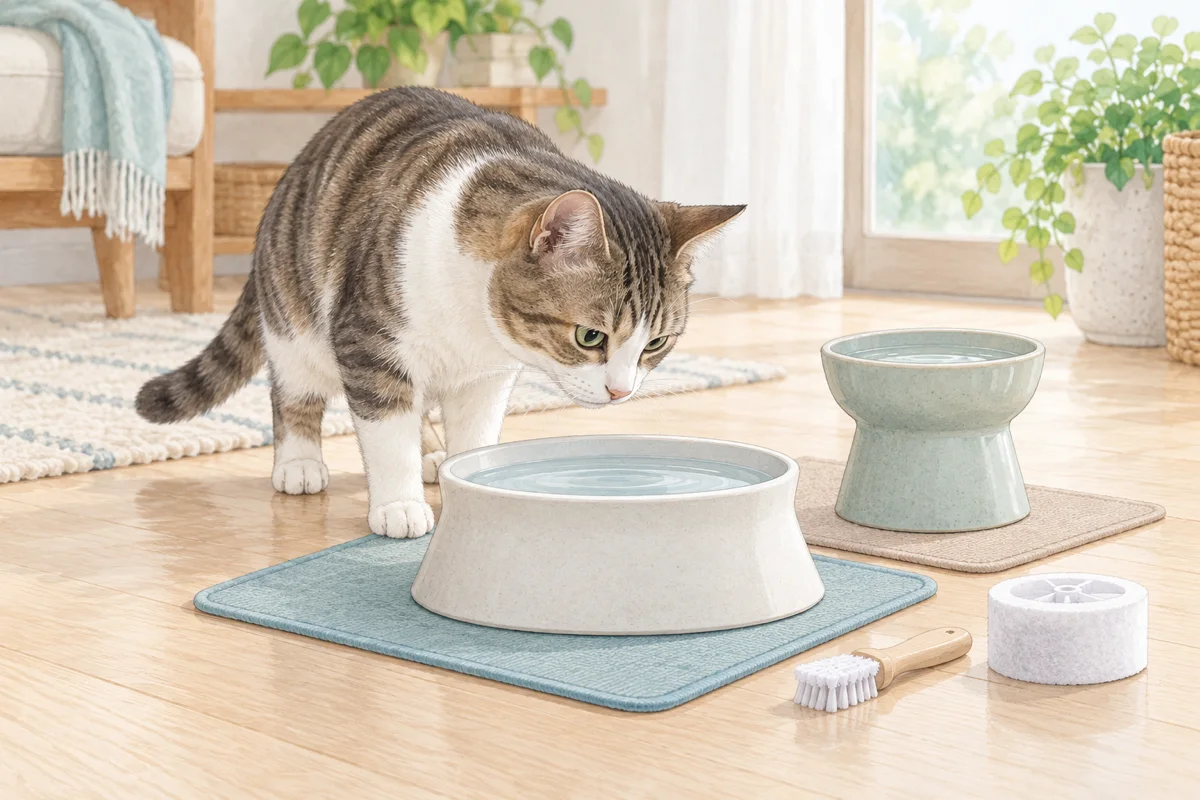 高さの異なる2つの水皿を比べる猫のAI生成イラスト