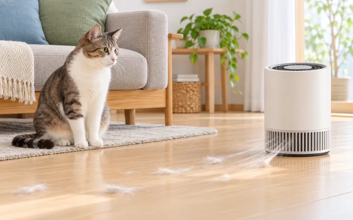 猫の抜け毛を床用集毛機で集める様子のAI生成イメージイラスト