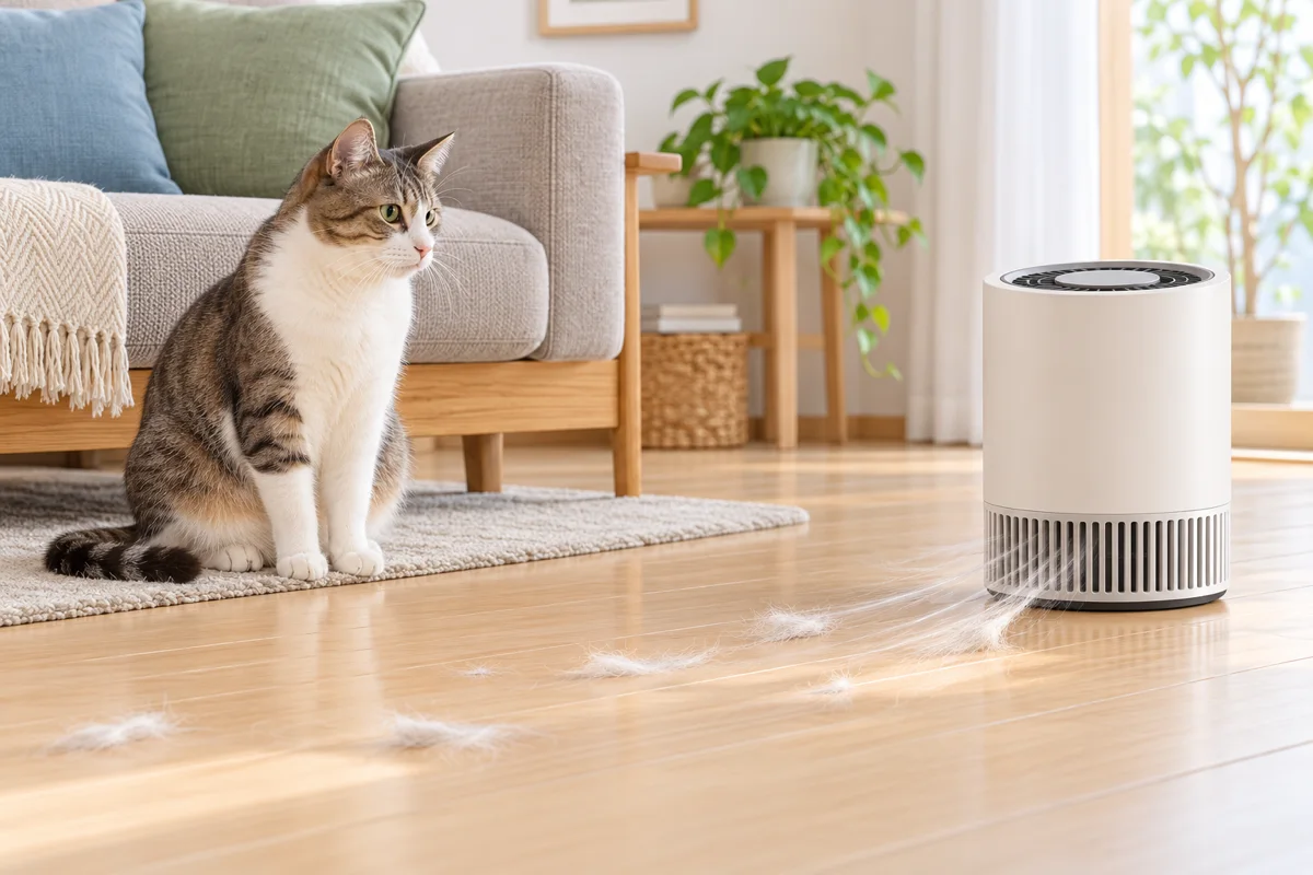 猫の抜け毛を床用集毛機で集める様子のAI生成イメージイラスト