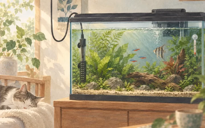 熱帯魚の初めてのヒーター｜セーフカバー160の適合と安全確認を表すイメージイラスト