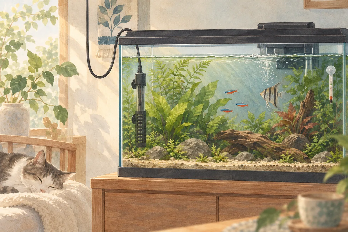 熱帯魚の初めてのヒーター｜セーフカバー160の適合と安全確認を表すイメージイラスト