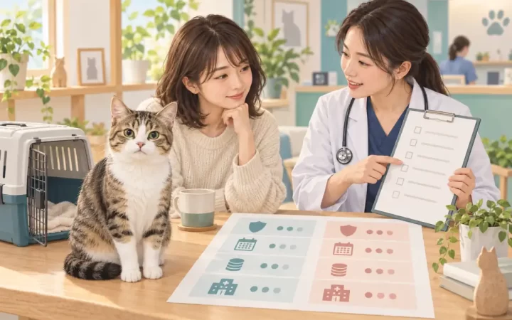 猫の手術保険50％プランと家計を検討するイメージイラスト