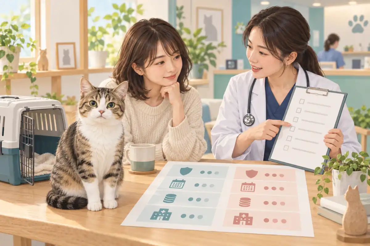 猫の手術保険50%プランと家計を検討するイメージイラスト