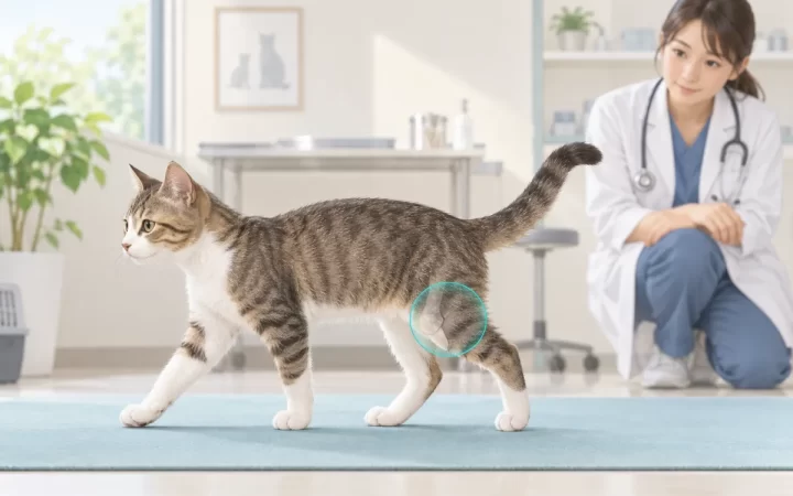若い猫の歩行を獣医師が観察し右膝付近を淡い青緑で示したAI生成イラスト