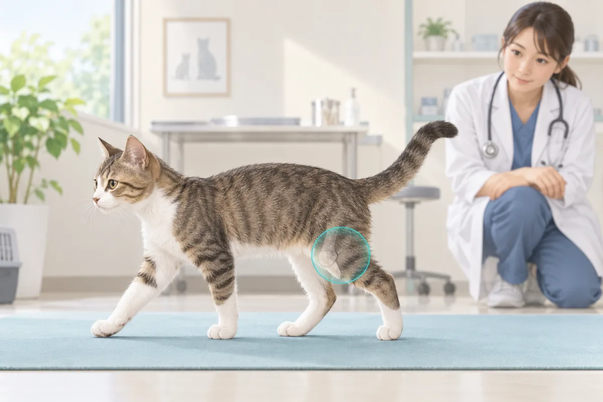 若い猫の歩行を獣医師が観察し右膝付近を淡い青緑で示したAI生成イラスト