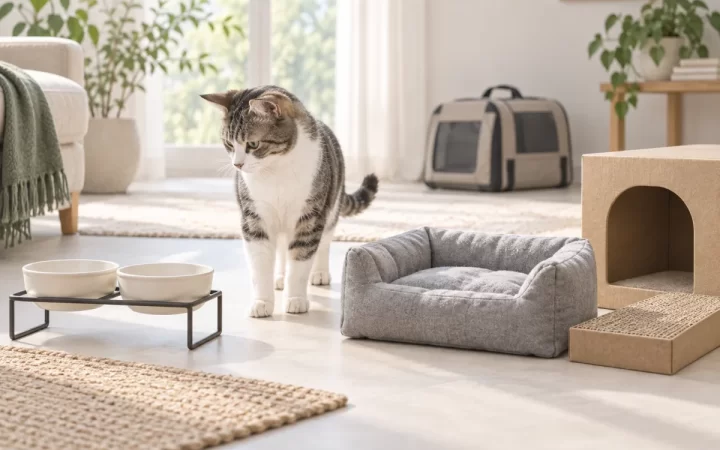 ボウル・ベッド・爪とぎ・ハウス・キャリーを見比べる猫のAI生成イラスト