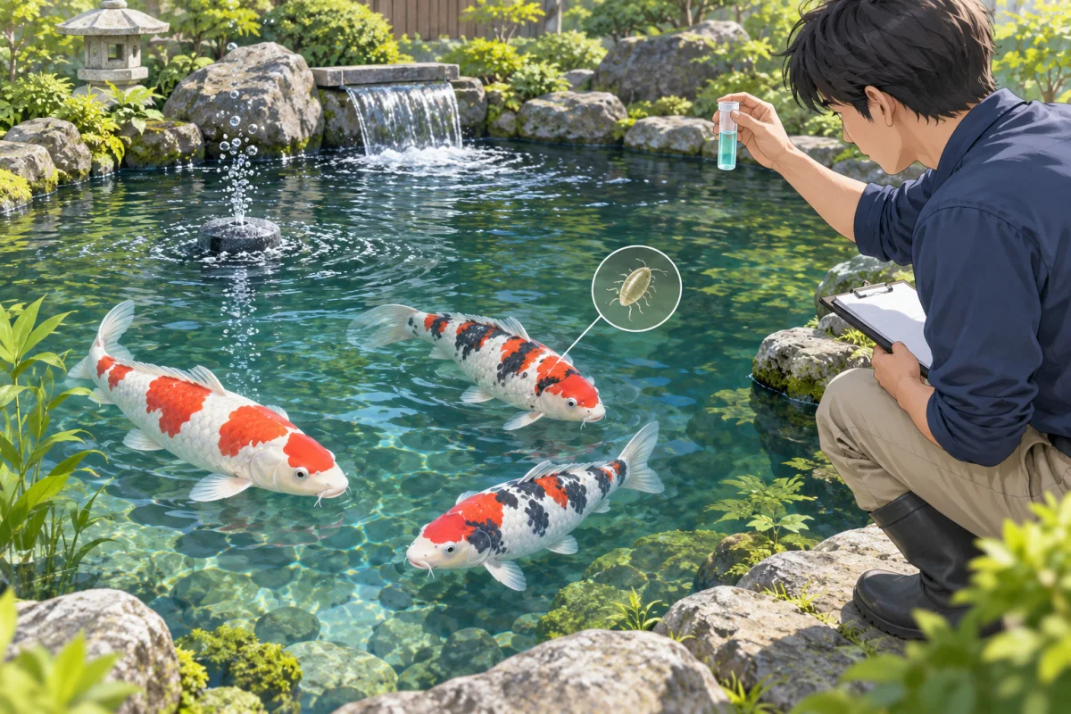 錦鯉の池で酸素・水質・魚体を確認するイメージイラスト