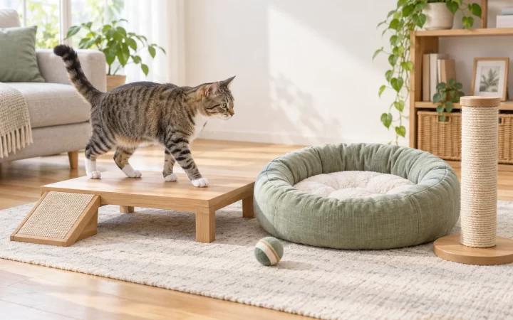 低い木製台、丸いベッド、麻縄の爪とぎを確認する猫のAI生成イメージイラスト