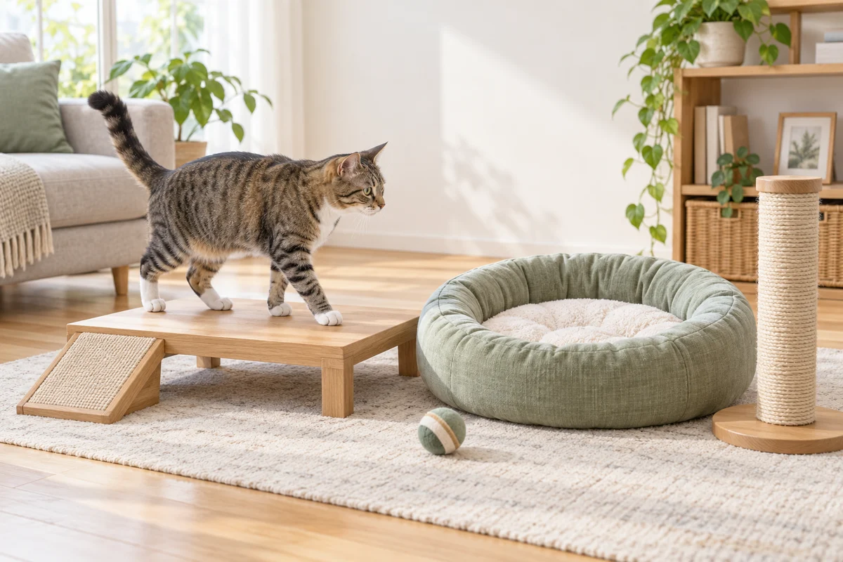 低い木製台、丸いベッド、麻縄の爪とぎを確認する猫のAI生成イメージイラスト