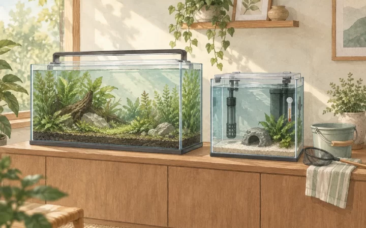 新しい魚の別水槽はどう用意する？グラステリア300キューブの確認を表すイメージイラスト