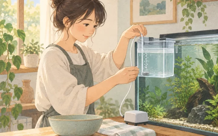 サテライトLは水合わせに使える？外掛け条件と共用水の注意を表すイメージイラスト