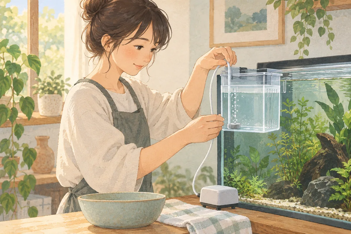 サテライトLは水合わせに使える?外掛け条件と共用水の注意を表すイメージイラスト