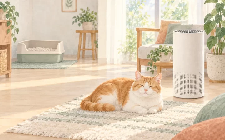 猫の生活空間と汎用的な空気清浄機を描いたAI生成イメージ