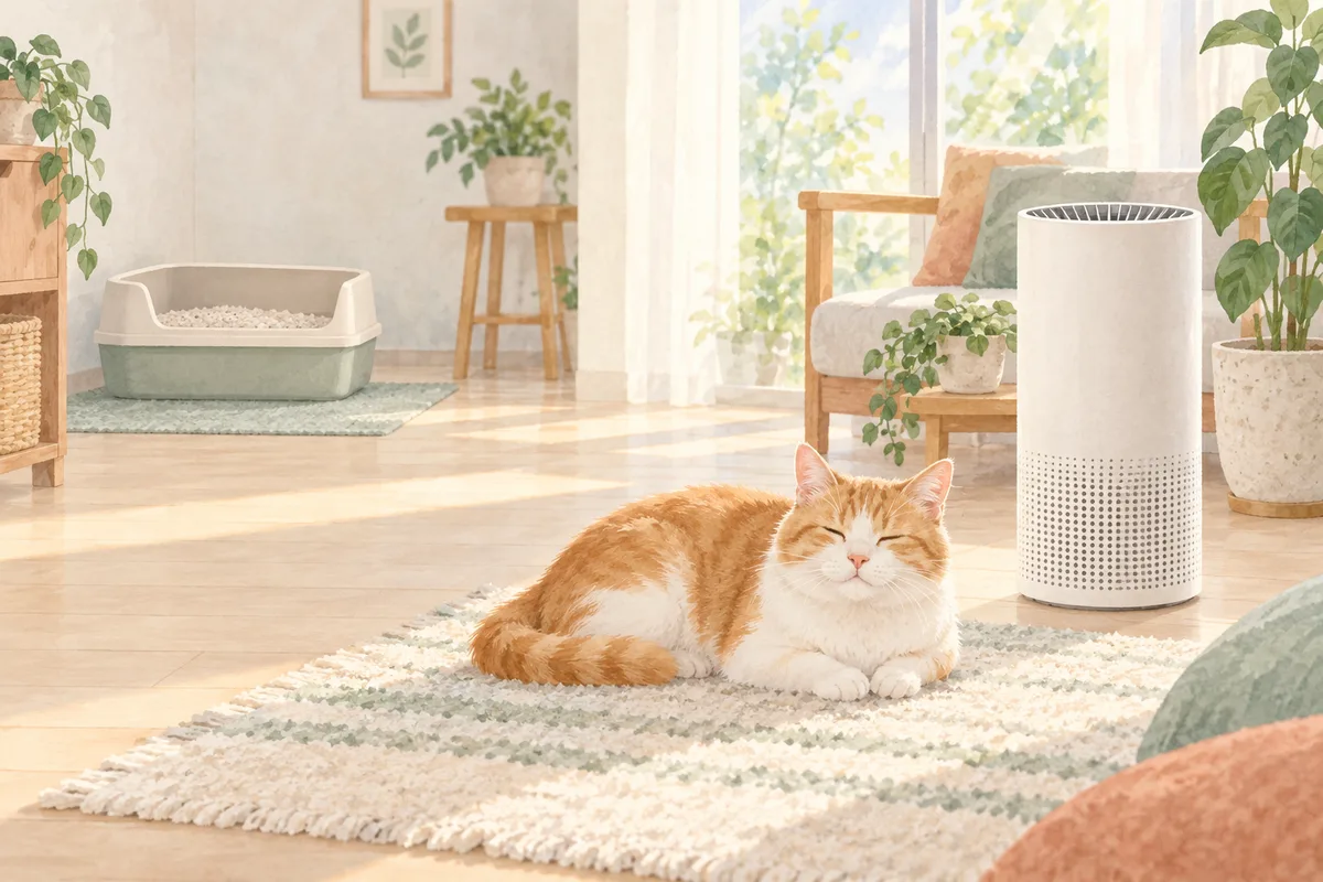 猫の生活空間と汎用的な空気清浄機を描いたAI生成イメージ