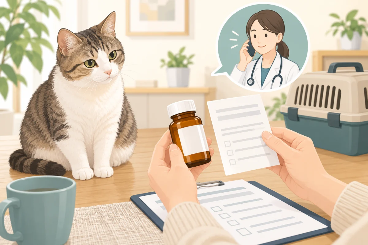 猫のそばで無地の薬瓶と確認表を照合し獣医師へ電話相談する様子を描いたAI生成イラスト
